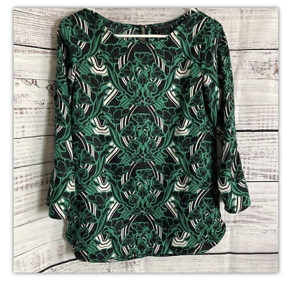 J.Crew Top Womens Size 0 Blouse Green 3/4 Sleeve Retro Floral Popover Round Neck - Picture 2 of 12